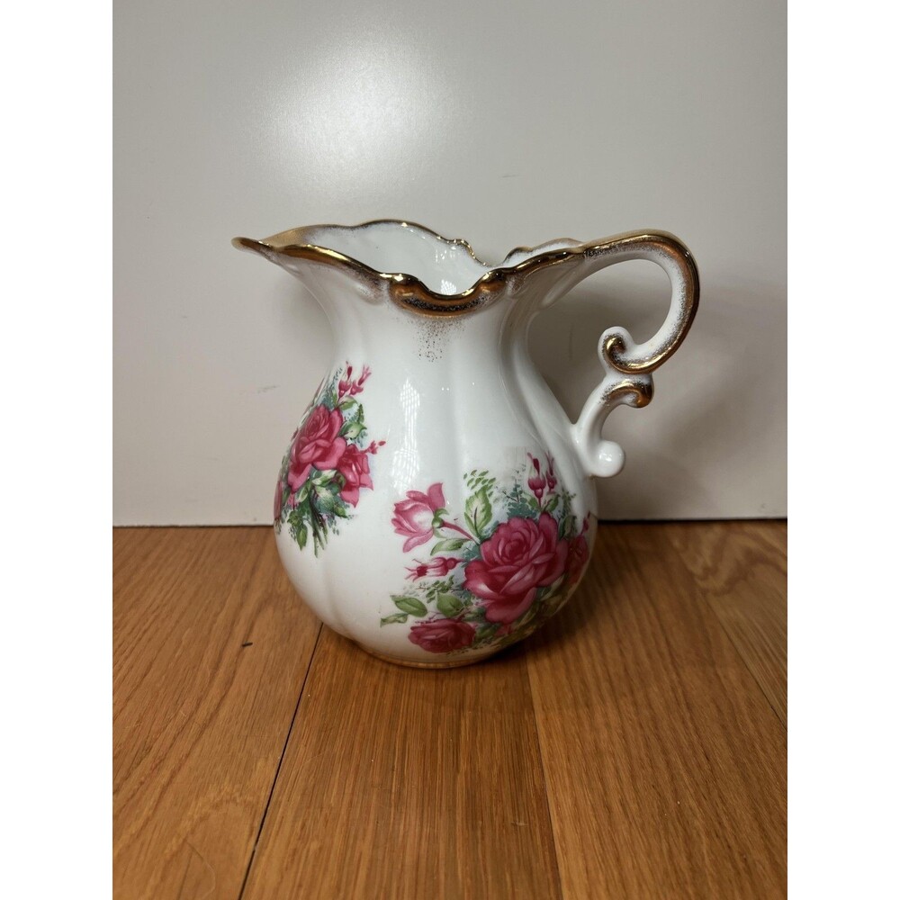 Unmarked Porcelain Pitcher Vase White Rose Floral Gold Trim Victorian Decor